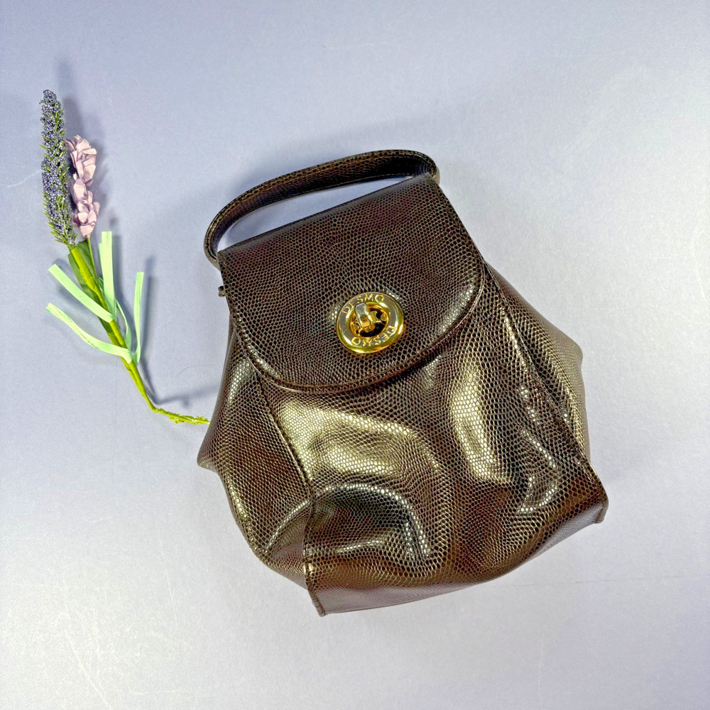 DESMO Made Italy Chocolate Brown Lizard Embossed Leather Bucket Bag Purse Brass
